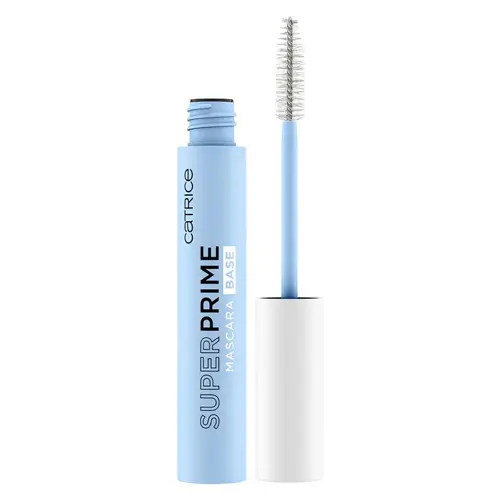 En ljusblå förpackning med genomskinlig mascara från Catrice som kallas Super Prime