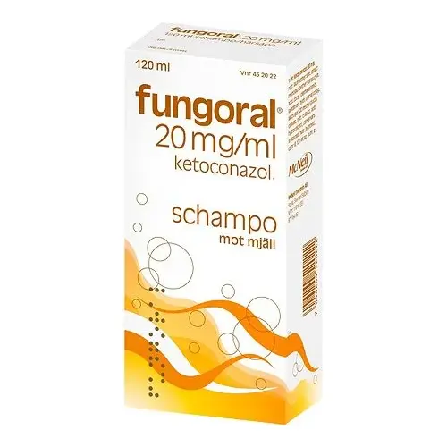 En förpackning med schampo mot mjäll tillverkad av Fungoral