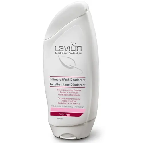 En flaska intimtvätt med deodorant tillverkad av Lavilin