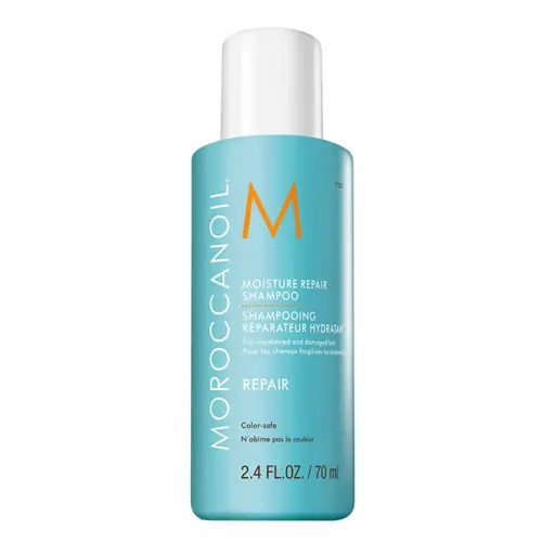 En ljusblå flaska moisture repair shampoo tillverkat av Moroccanoil