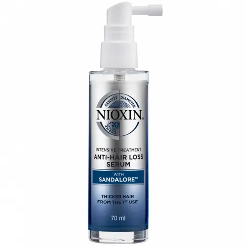 En silvrig och blå flaska hårserum mot håravfall tillverkad av Nioxin
