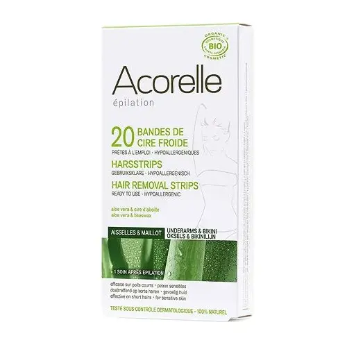 En vit och grön förpackning med ekologiska hair removal strips tillverkade av Acorelle