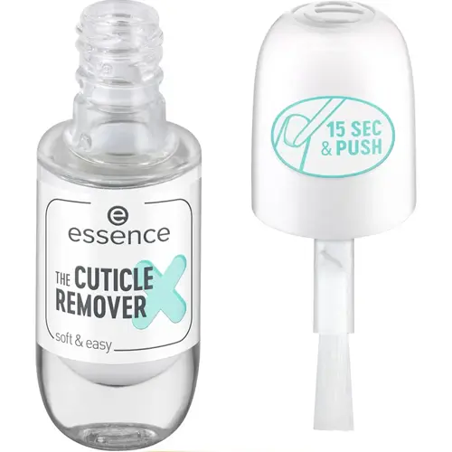 en genomskinlig flaska med cuticle remover tillverkad av märket essence