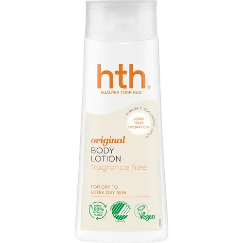 En vit flaska parfymfri body lotion tillverkad av hth som heter "original"