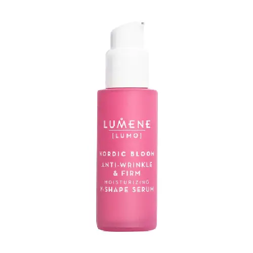 En rosa flaska med vit kork från Lumene som innehåller ett anti-wrinkle serum