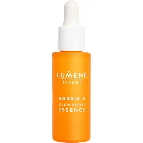 En orange flaska med vitt lock som innehåller glow boost serum tillverkat av Lumene