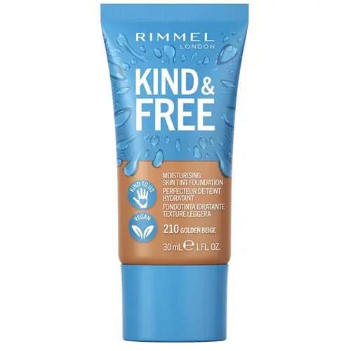 En blå tub med en tonad dagkräm tillverkad av Rimmel som kallas "Kind & Free"