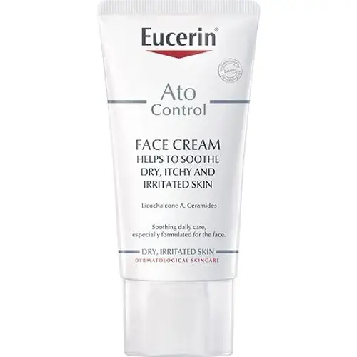En vit tub med ansiktskräm som heter "Ato Control" tillverkad av märket "Eucerin"