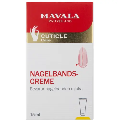En vit och röd förpackning som innehåller en nagelbandskräm tillverkad av märket "Mavala"