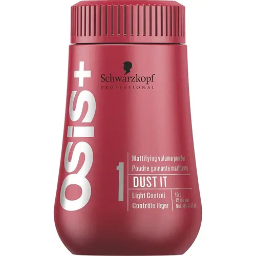 En röd liten burk med hårpuder tillverkad av OSIS+ som heter "dust it"