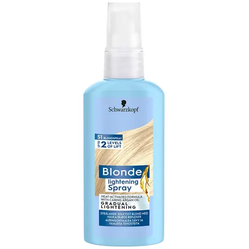 En ljusblå och vit liten blondspray tillverkad av märket "Schwarzkopf" som kallas "blonde lightening spray"