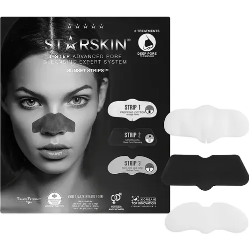 En svart förpackning med 3 pore strips i olika färger på sidan tillverkade av märket "Starskin" som heter "sunset strips"