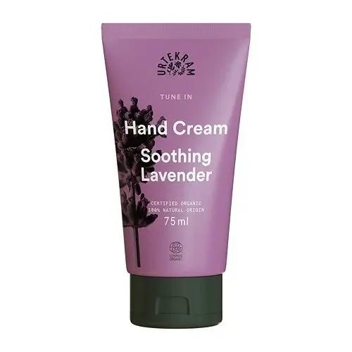 En lila och svart tub med ekologisk handkräm tillverkad av Urtekram som kallas "soothing lavender hand cream"