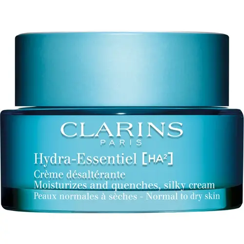 En ljusblå burk dagkräm tillverkad av märket "Clarins" som heter "Hydra-Essentiel Moisturizes & Quenches silky cream"