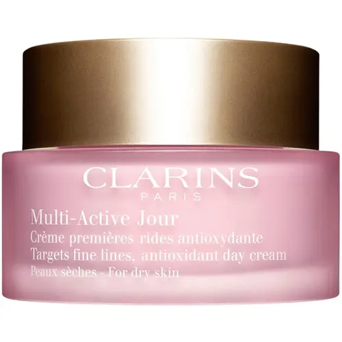 En rosa burk dagkräm tillverkad av märket "Clarins Paris" som heter "Multi-Active Jour"