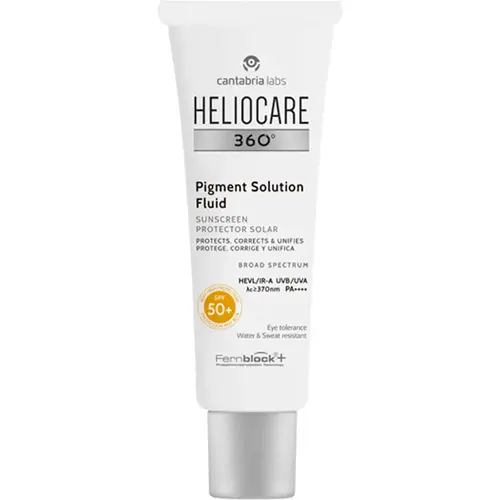 En vit tub som innehåller 50ml SPF50 solskydd mot pigmentfläckar tillverkad av märket "Heliocare" och heter "360 pigment solution fluid"