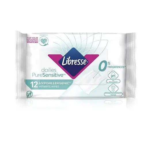En vit förpackning med 12 stycken hypo-allergena intimservetter tillverkade av märket "Libresse" som heter "PureSensitive"