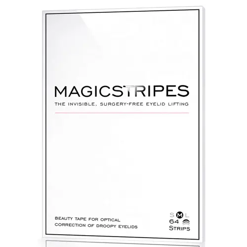 En vit förpackning som innehåller 64 lyftande ögonlockstejpbitar som heter "Magicstripes"