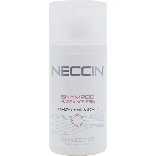 En vit liten flaska som innehåller 100 ml parfymfritt schampo tillverkad av märket "Grazette" som heter "Neccin fragrance free"