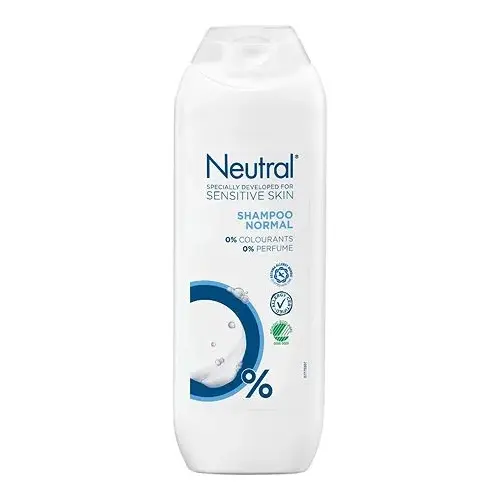 En vit flaska med blåa detaljer som innehåller 250 ml oparfymerat schampo tillverkat av märket "Neutral" som heter "shampoo normal"