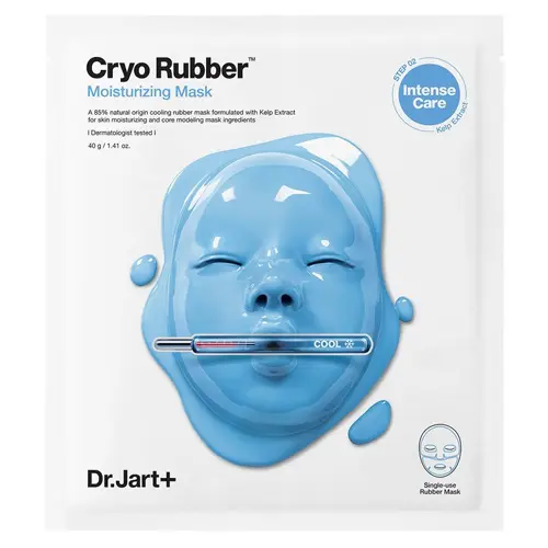 En vit förpackning som innehåller en ansiktsmask med hyaluronsyra tillverkad av märket "Dr.Jart+" som heter "Cryo rubber"
