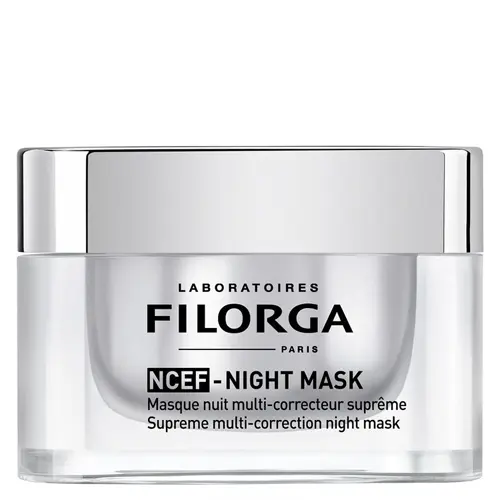 En grå burk som innehåller en nattmask med aktiva anti-aging ingredienser tillverkad av märket "Filorga" som heter "NCEF-Night mask"